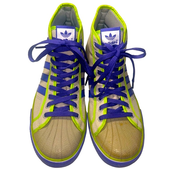 Adidas NZA Hi Top Sneakers Size 12 Shell Toe purple lime green stripes - Picture 1 of 14